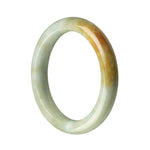 A close-up image of a genuine natural green and brown jadeite jade bangle. The bangle has a semi-round shape and measures 56mm in diameter. It is a beautiful piece of jewelry from MAYS GEMS.