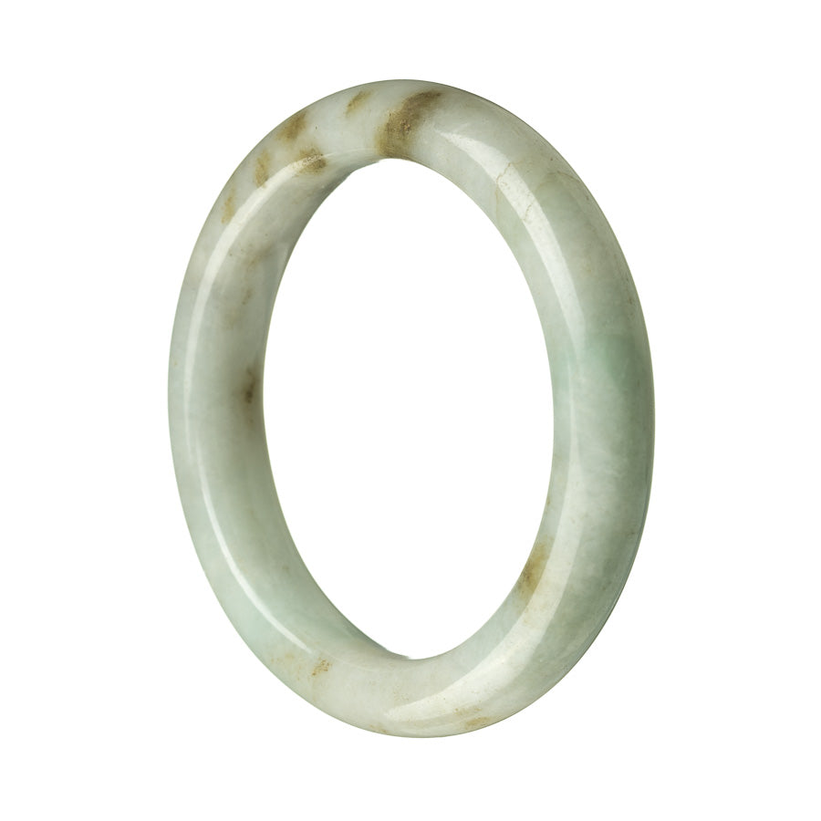 A close-up photo of a greenish-brown Burmese jade bangle, with a semi-round shape and a smooth, polished surface. The bangle appears to be made of high-quality jade, displaying a deep, rich color and natural patterns. It is certified as Grade A, indicating its authenticity and superior quality. The bangle has a diameter of 57mm, making it suitable for a medium-sized wrist. Overall, it is a beautiful and elegant piece of jewelry.