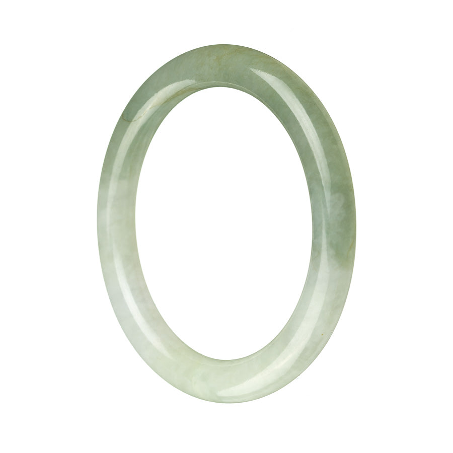 A close-up of a beautiful green jadeite bangle with a semi-round shape, measuring 57mm in diameter. The bangle is made of genuine grade A jadeite and is being sold by MAYS GEMS.