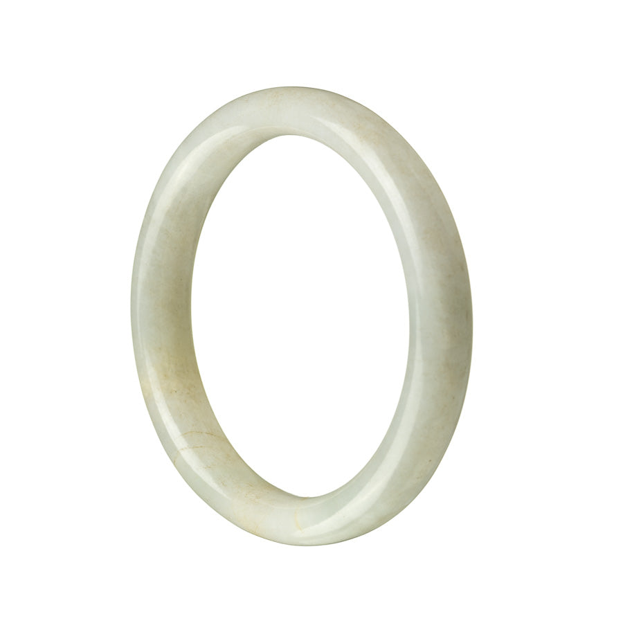 A close-up view of a stunning white jade bangle, featuring a semi-round shape and measuring 54mm in diameter. The bangle is made from authentic Grade A white jade and is crafted by MAYS, showcasing its exquisite quality and craftsmanship.