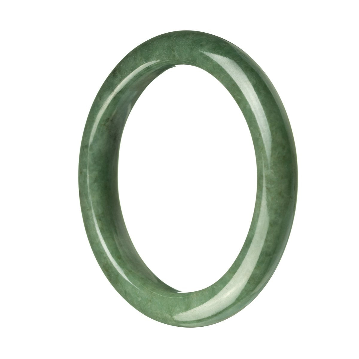 A close-up of a beautiful green jade bracelet with a semi-round shape, measuring 59mm in size. The bracelet is made from genuine grade A jade and is a stunning accessory from MAYS GEMS.