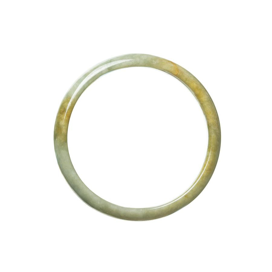 A half moon-shaped jadeite bracelet with a genuine grade A green-brown color. The bracelet has a diameter of 56mm and is made by MAYS.