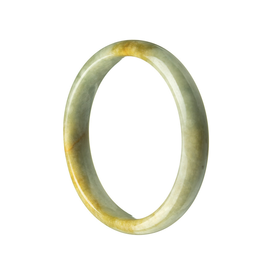 A half moon-shaped bangle bracelet made of real, natural green and brown Burma jade, measuring 56mm in size.
