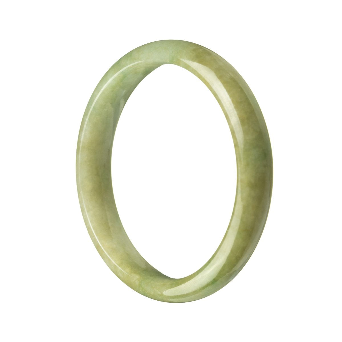 A close-up photo of a green bangle bracelet made of genuine untreated Burma Jade. The bracelet has a half-moon shape and measures 59mm in diameter. It is a beautiful piece of jewelry from the MAYS™ collection.
