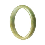 A close-up image of a stunning green brownish green Burma jade bracelet, shaped like a half moon. The bracelet is made of genuine Grade A jade, measuring 59mm in size. It is a beautiful piece of jewelry from MAYS GEMS.