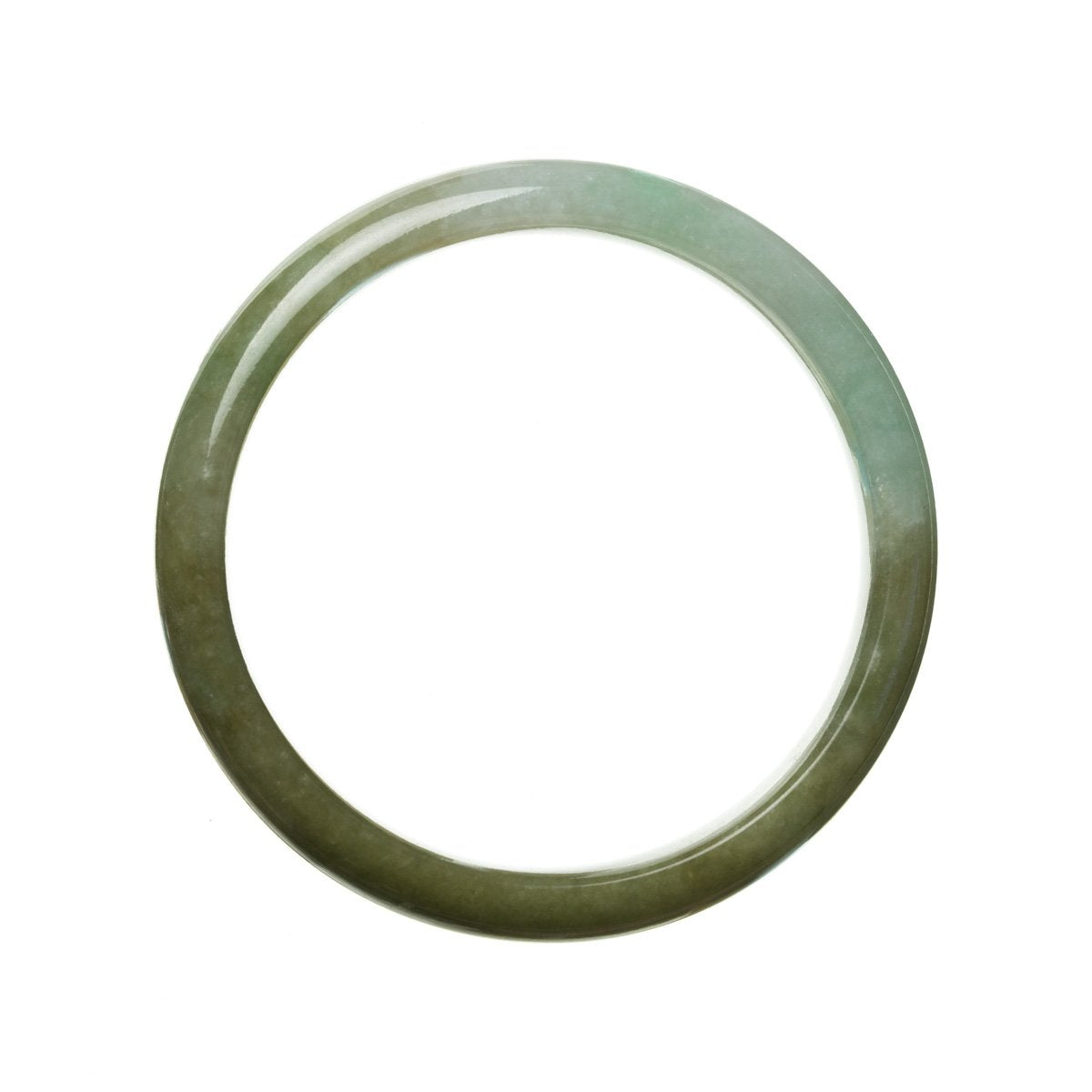 An exquisite traditional jade bangle with a beautiful green-brownish hue, made from high-quality Grade A jade. The bangle has a semi-round shape and measures 59mm in diameter. Crafted with expert precision by MAYS™.
