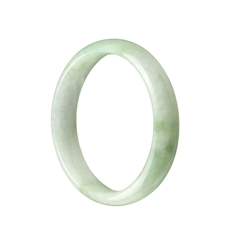 A close-up image of a light green Burmese jade bangle bracelet. The bracelet is made of high-quality jade and has a half-moon shape, measuring 54mm in diameter.