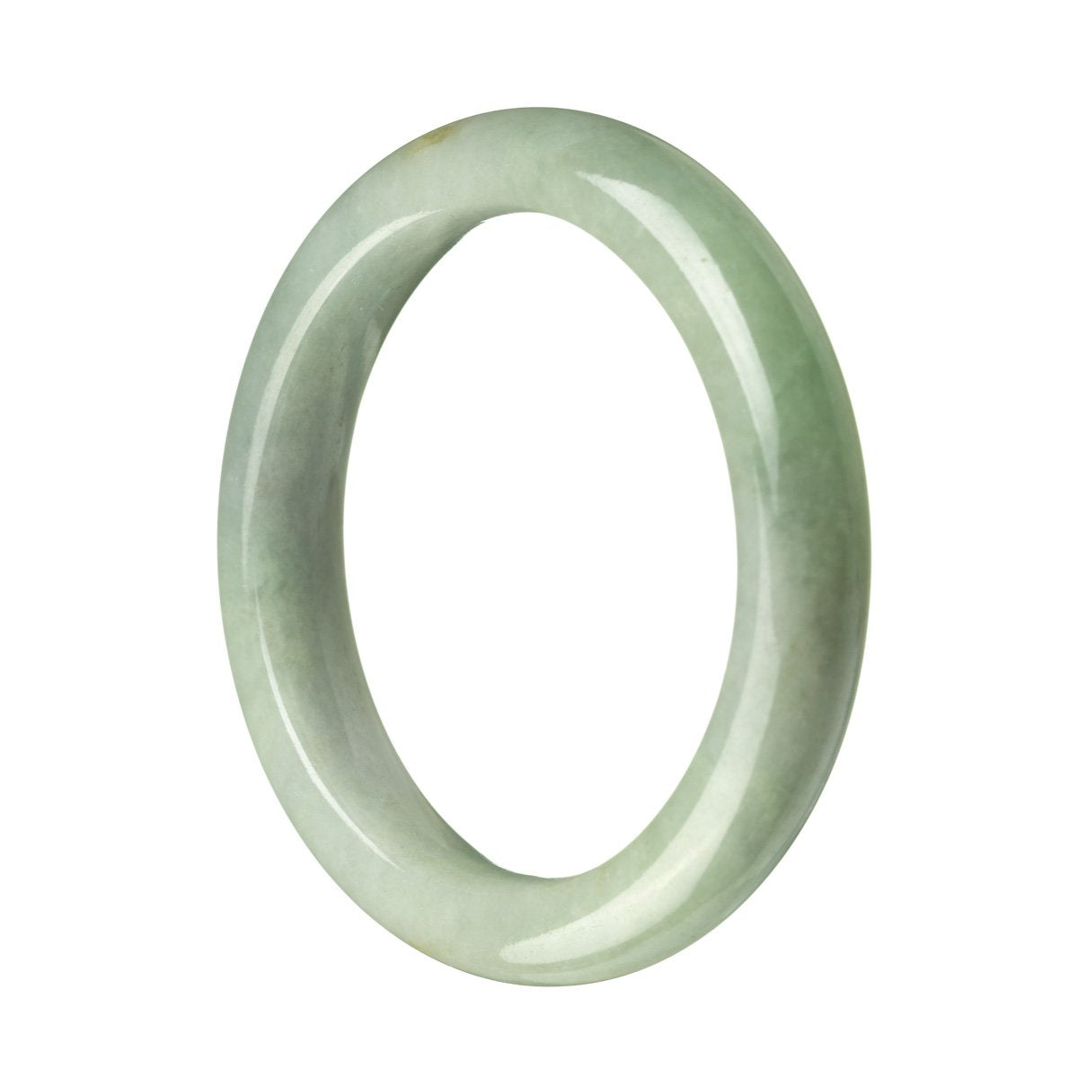 A close-up image of a Grade A Green Jadeite bangle bracelet with a semi-round shape, measuring 58mm in diameter. The bracelet is certified and features a vibrant green color. It is a beautiful piece of jewelry from MAYS GEMS.