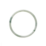A close-up shot of a thin, light green Burma Jade bangle bracelet, measuring 53mm in diameter. The bracelet is beautifully crafted and certified as Grade A quality.