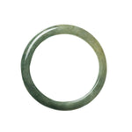 Close-up of a beautiful green brownish green jadeite bracelet in the shape of a half moon, measuring 60mm. This bracelet is certified as Grade A, showcasing the exquisite quality of the jadeite. Perfect for adding an elegant touch to any outfit.