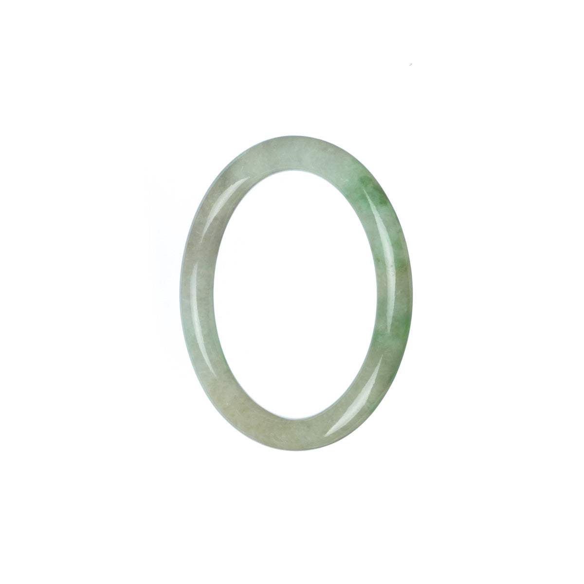 A round, child-sized jade bangle bracelet in a beautiful green and white color.