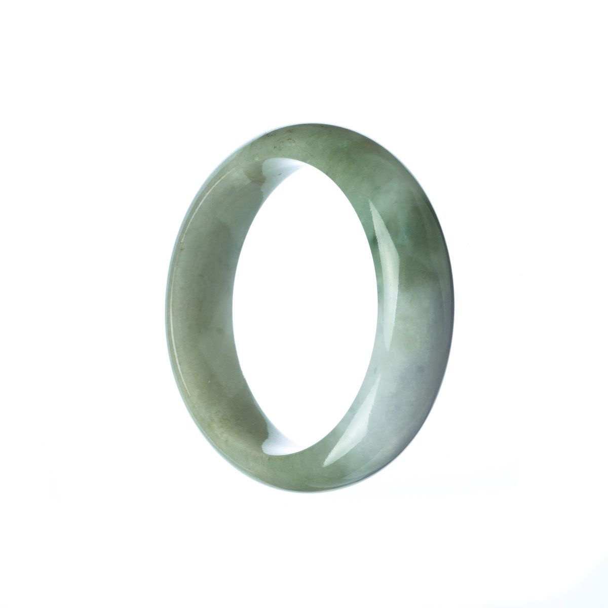 A close-up image of a half moon-shaped green jade bracelet, specifically designed for children. The jade is untreated, giving it an authentic appearance. The bracelet is sold by MAYS GEMS.