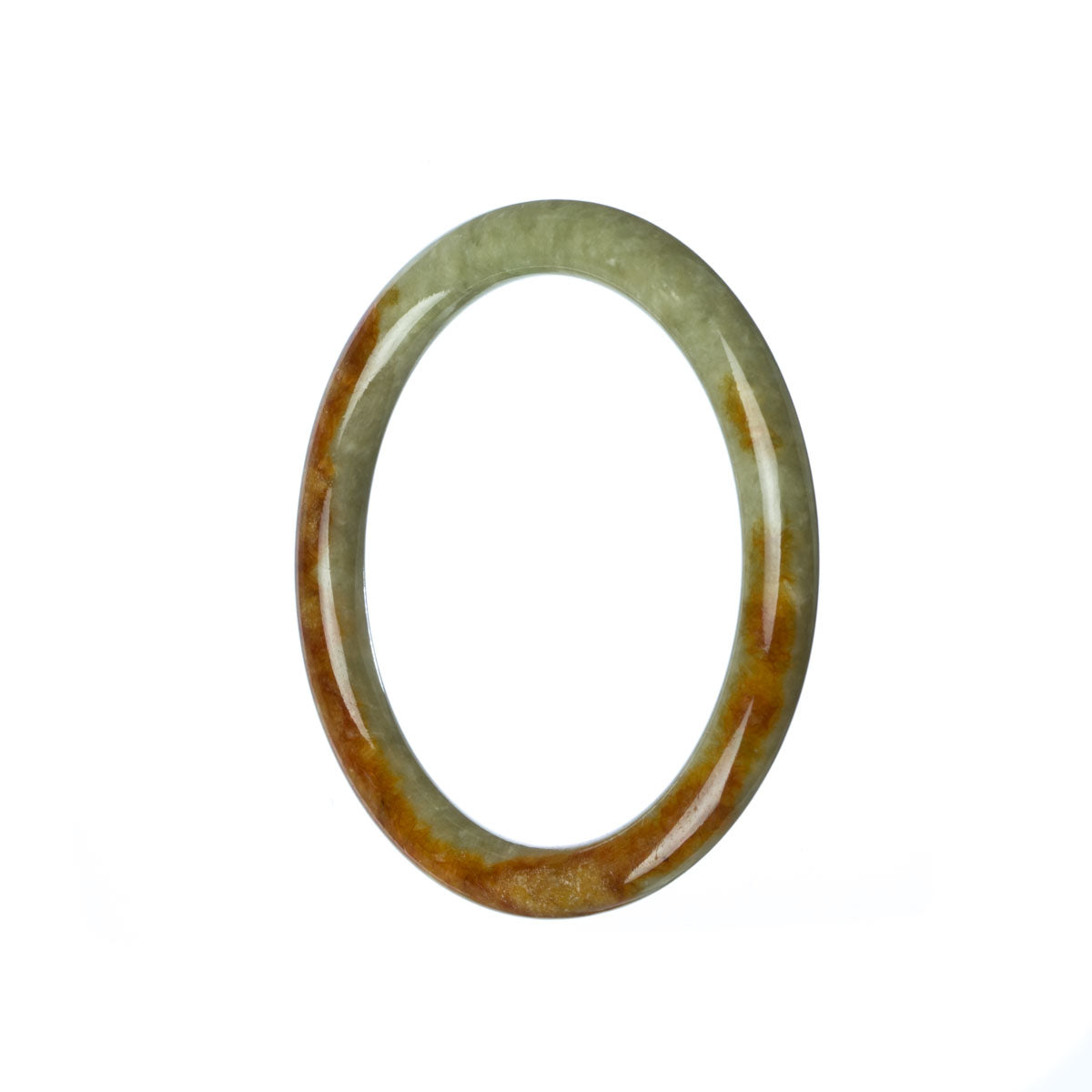 A close-up photo of a small jade bangle, with a beautiful green and brown coloration. The jade has a smooth, polished surface and is untreated. It measures 52mm in diameter, making it a petite size. This bangle is a genuine piece of jadeite jade, crafted with care by MAYS™.