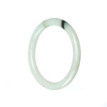 A close-up photograph of a petite round white jade bangle bracelet. The bangle is made of high-quality white jadeite jade, with a smooth and glossy surface. Its small size, measuring 53mm in diameter, makes it a delicate and dainty piece of jewelry. The bracelet is from the MAYS collection, known for its authentic and genuine jade products.