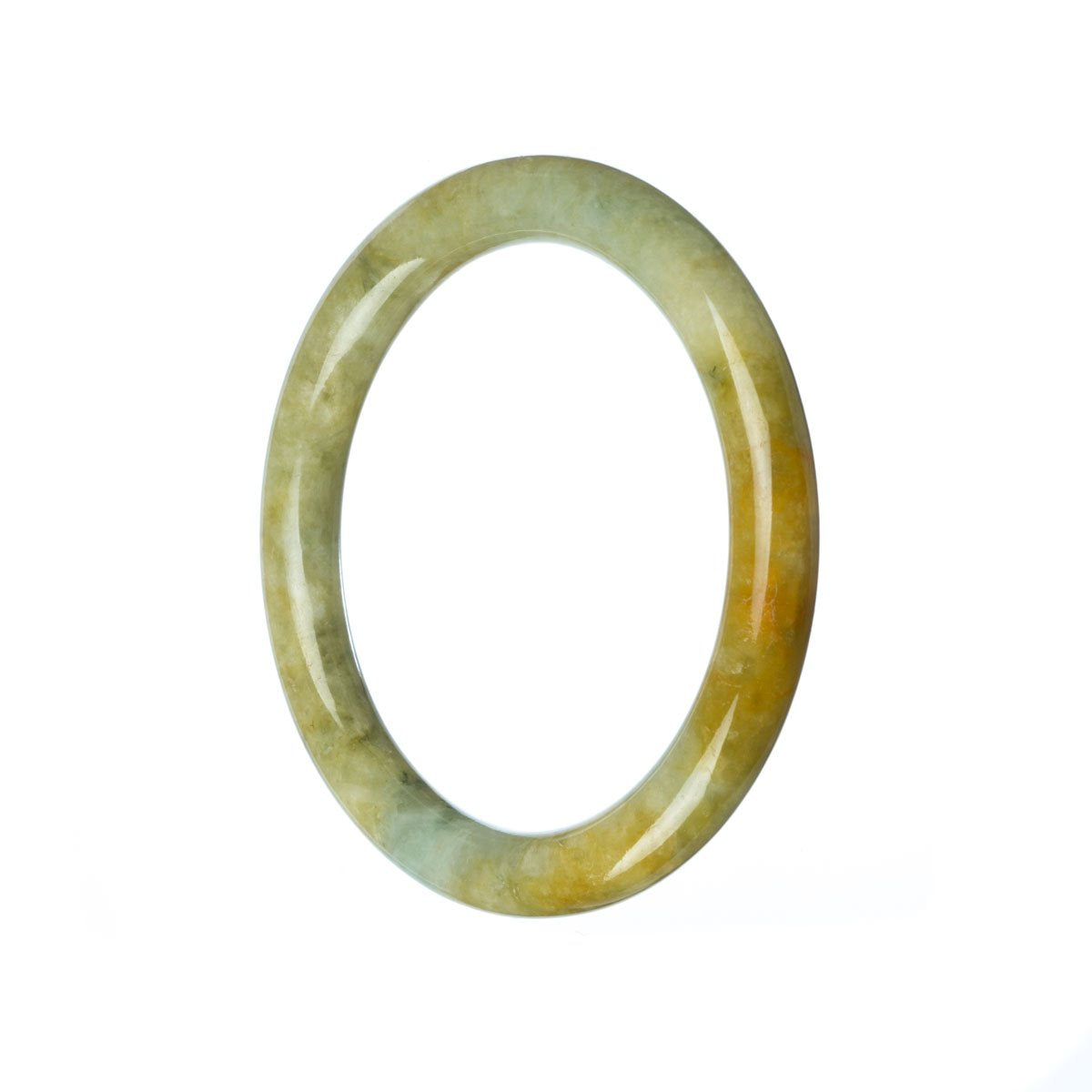 A close-up photo of a petite green and brown Burmese jade bangle bracelet, certified as natural and authentic, with the brand name "MAYS" engraved on it. The bracelet has a diameter of 54mm.
