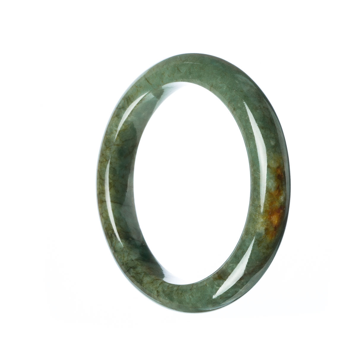 A dark green Burmese jade bracelet with a semi-round shape, measuring 56mm. Certified Type A.