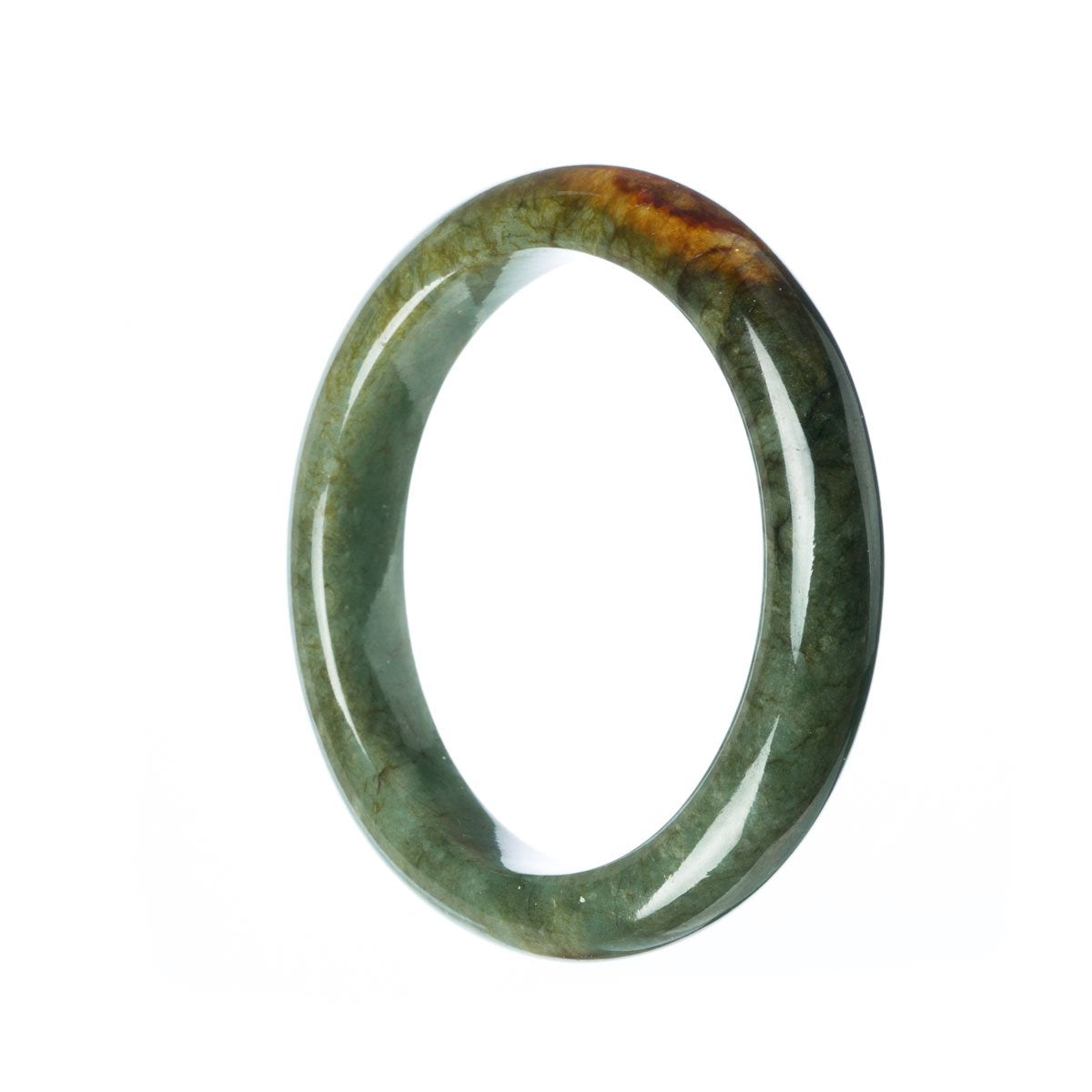 A dark green traditional jade bangle bracelet with a semi-round shape, measuring 56mm. Made from authentic untreated jade.