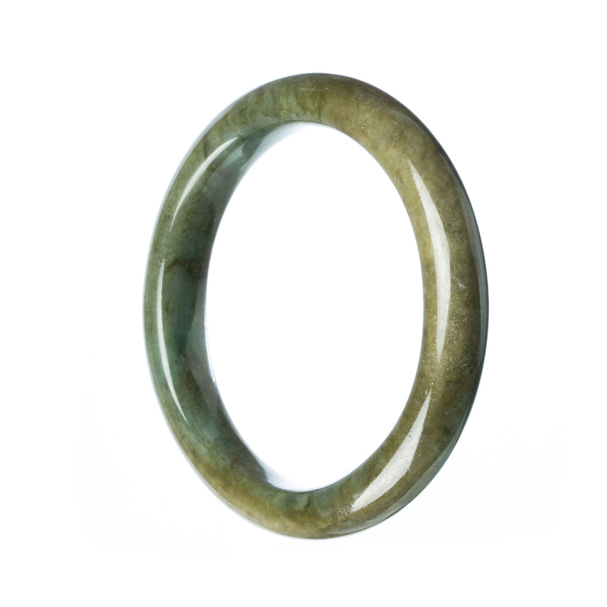 A close-up image of a Real Grade A Dark Green Burma Jade Bangle. The bangle is 59mm in size and has a semi-round shape. It is a beautiful piece of jewelry made from genuine jade.