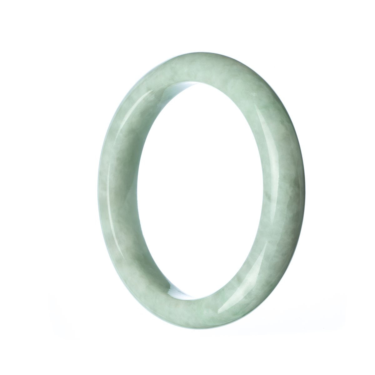 A pale green jadeite jade bracelet with a semi-round shape, measuring 57mm in size. Made with genuine Grade A jade.