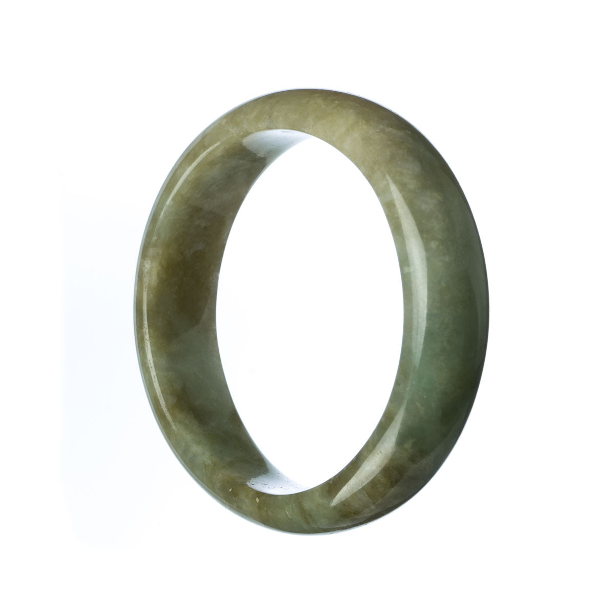 A close-up of a real untreated green-brown jadeite bracelet with a half moon shape, measuring 58mm. Exquisite and natural, this piece is offered by MAYS GEMS.