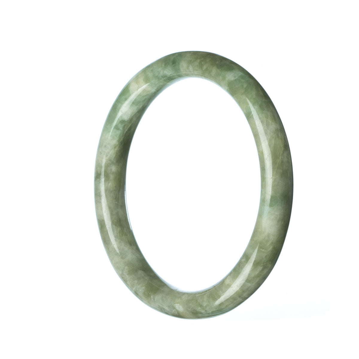 A close-up photo of a green Burmese jade bangle with a semi-round shape, measuring 59mm in diameter. The bangle is made of genuine natural jade and features a smooth, polished surface. It is a high-quality piece of jewelry from the MAYS™ brand.