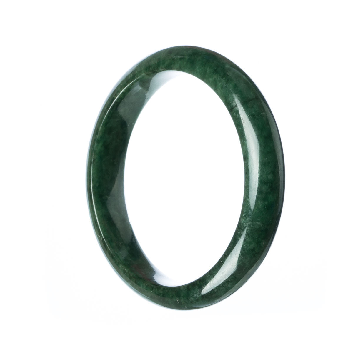 A dark green Burmese jade bangle bracelet with a semi-round shape, measuring 59mm in diameter.