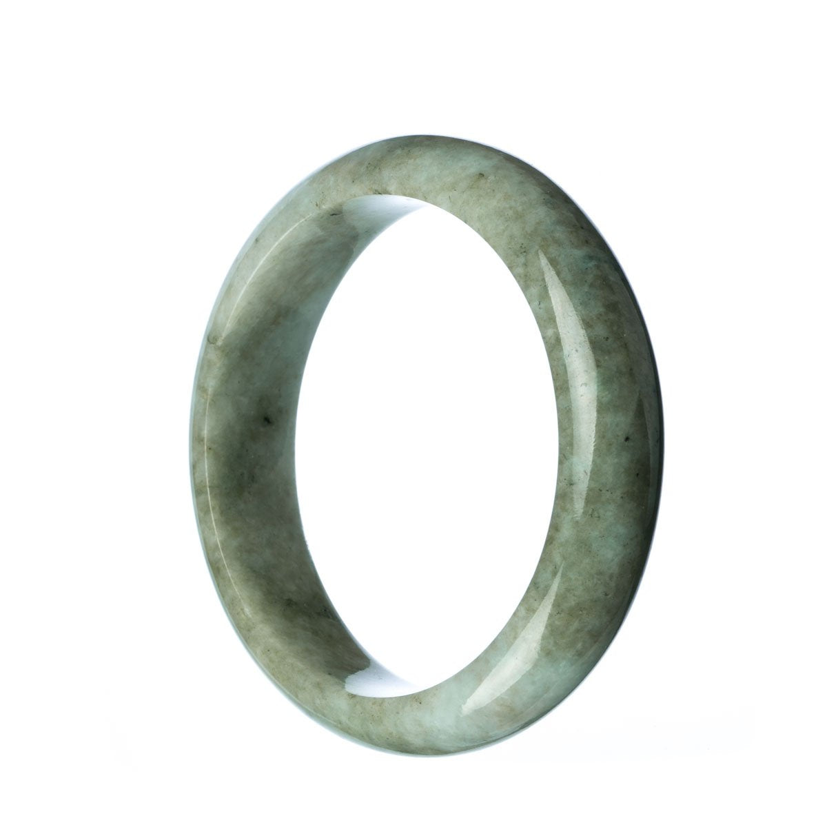 A close-up photo of a beautiful half-moon shaped grey jade bangle bracelet. The bracelet has a smooth, polished surface and an untreated, genuine grey jade stone. The bracelet has a diameter of 59mm, making it a perfect fit for most wrists. It is a timeless piece of jewelry that exudes elegance and sophistication.