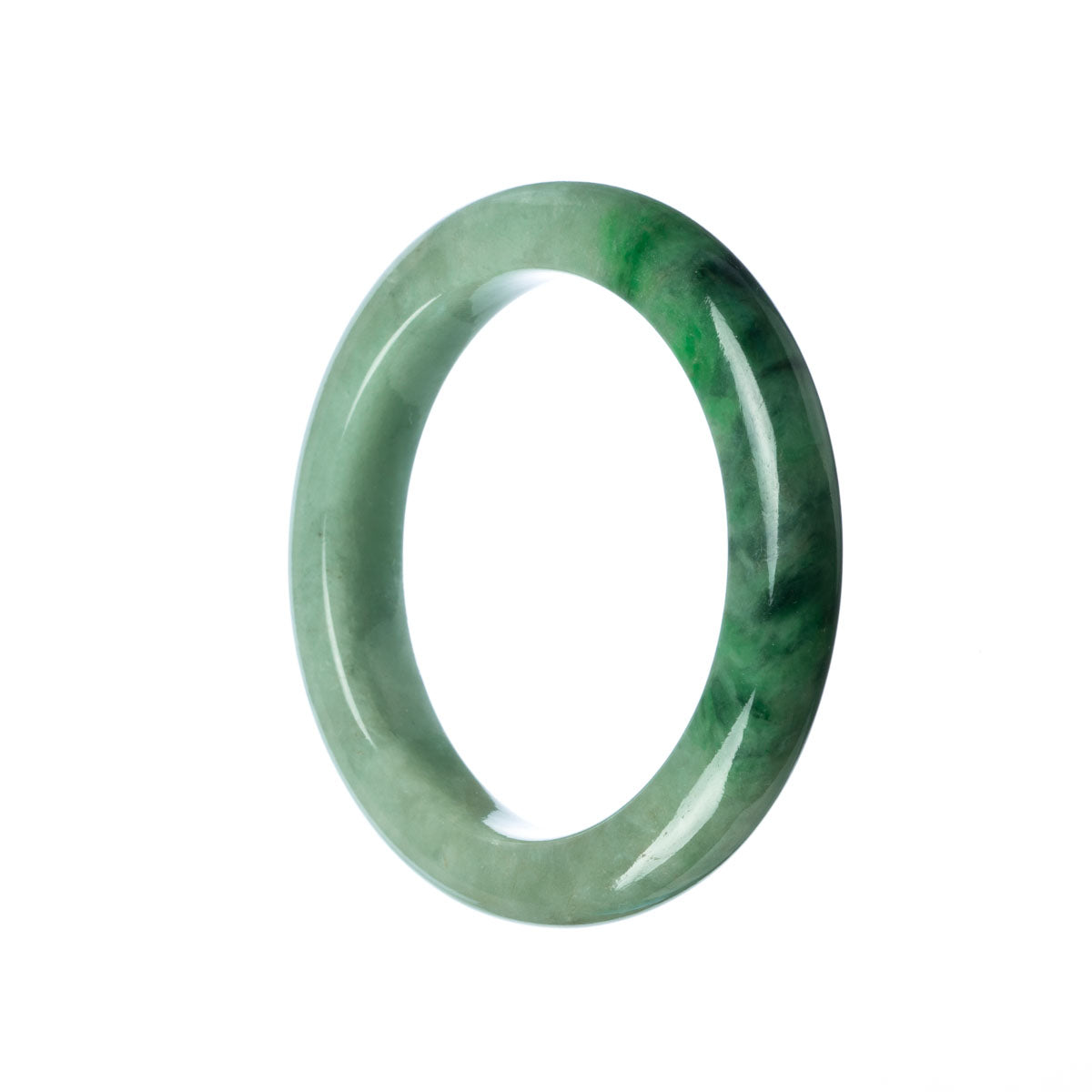 A close-up image of a Real Grade A Green Traditional Jade Bracelet, measuring 55mm in diameter. The bracelet is semi-round in shape and is made by MAYS™.