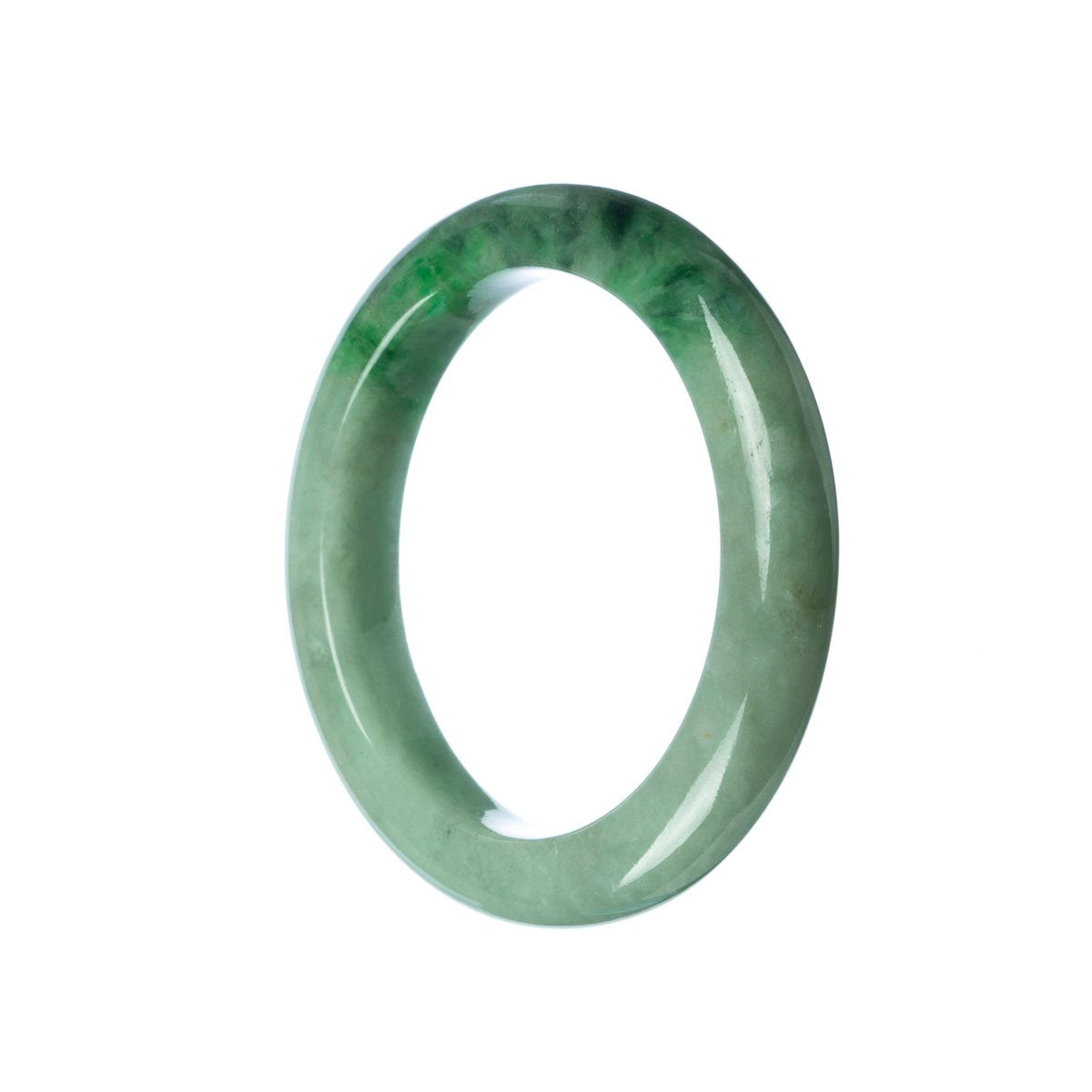 A close-up photograph of a green jade bracelet. The bracelet is made of authentic Type A green jade and has a semi-round shape. It measures 55mm in size. The smooth surface of the bracelet reflects light, showcasing the natural beauty of the jade stone. The bracelet is finely crafted and exudes an air of elegance and sophistication.