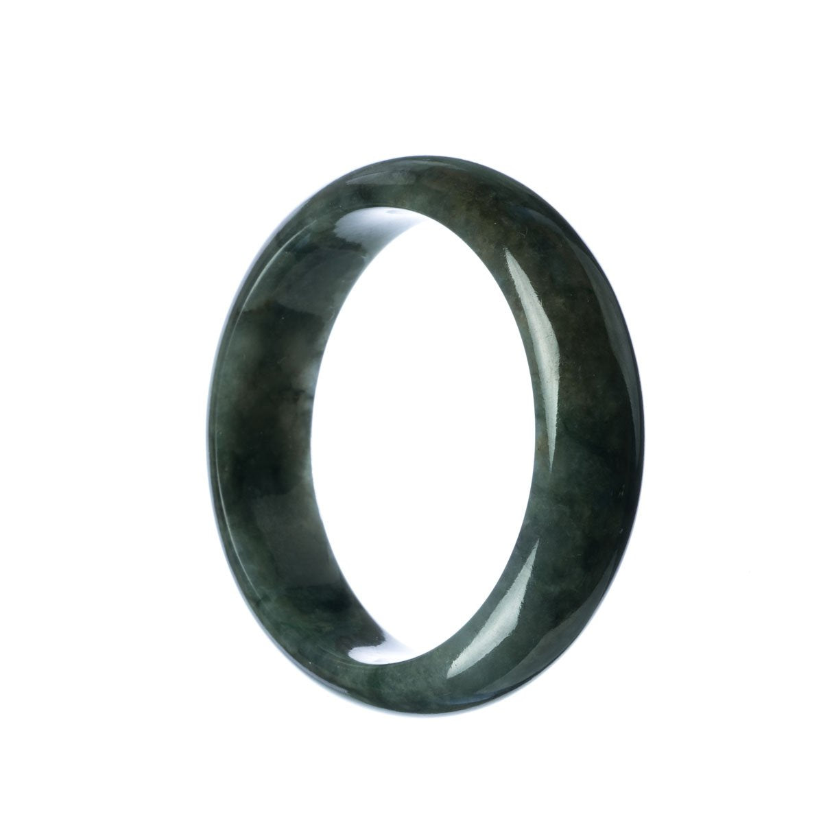 A beautiful, dark grey jade bangle with a half moon shape, measuring 57mm in size. It exudes elegance and sophistication.