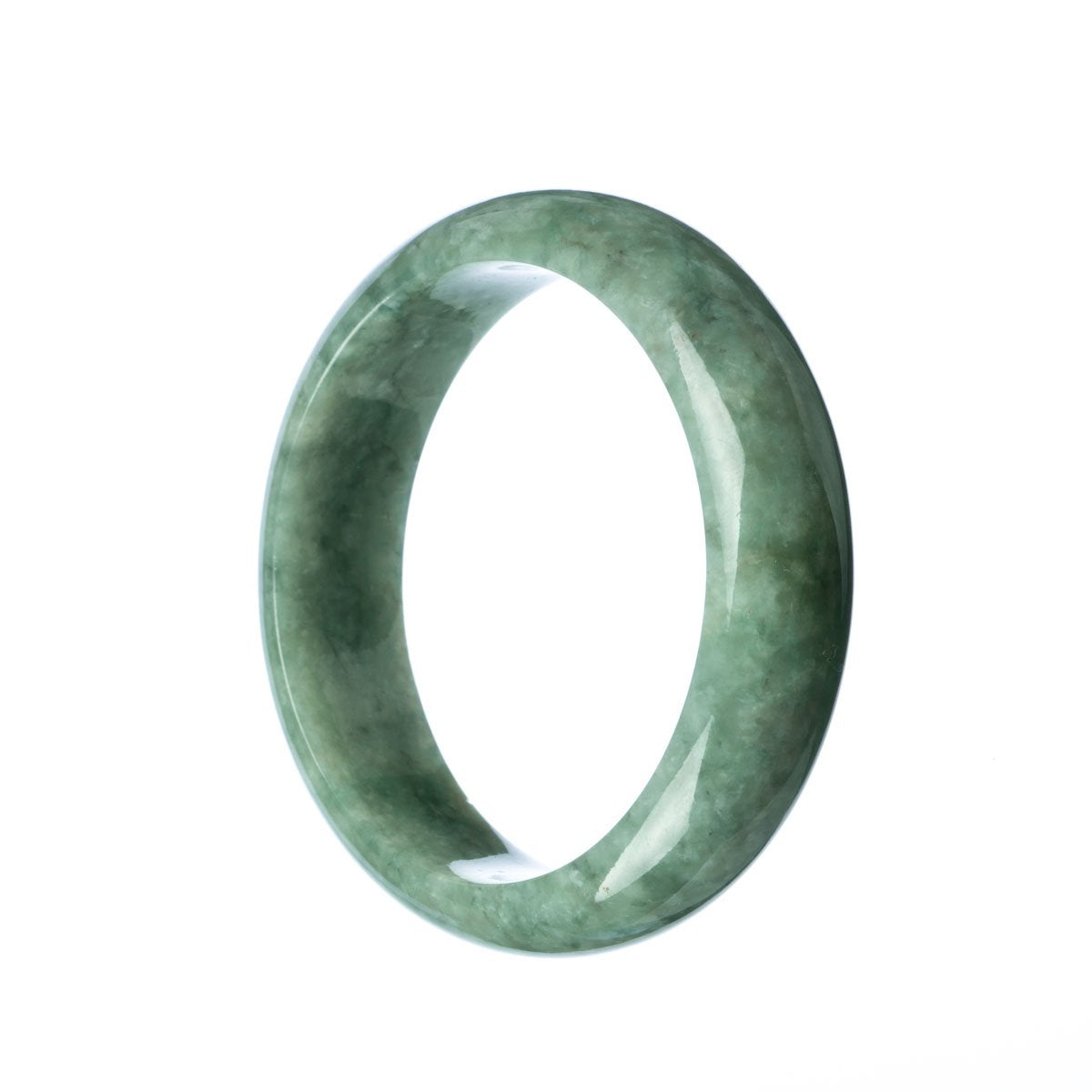 Image of a Real Grade A Green Burmese Jade Bangle with a 59mm circumference, featuring a unique Half Moon design. Exquisite craftsmanship by MAYS.