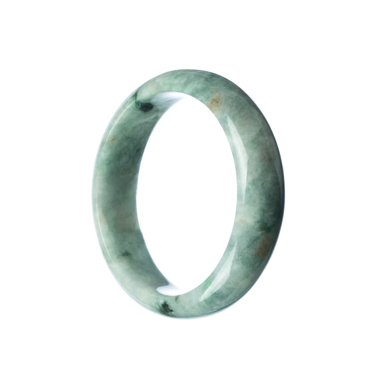 A close-up of a beautiful pale green Burmese jade bangle bracelet with a half moon shape, showcasing its natural and genuine characteristics.