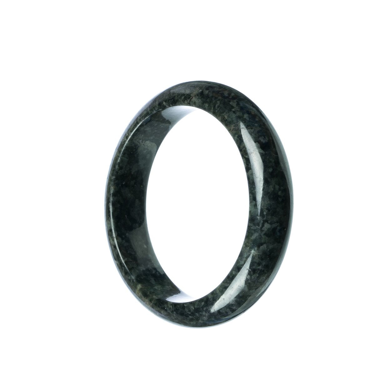 A half moon-shaped dark grey jade bangle bracelet, untreated and authentic, measuring 55mm in diameter.