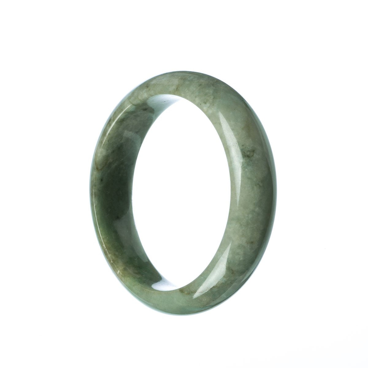 A half-moon shaped bracelet made of genuine untreated green Burmese jade, measuring 55mm. Handcrafted by Mays Gems.