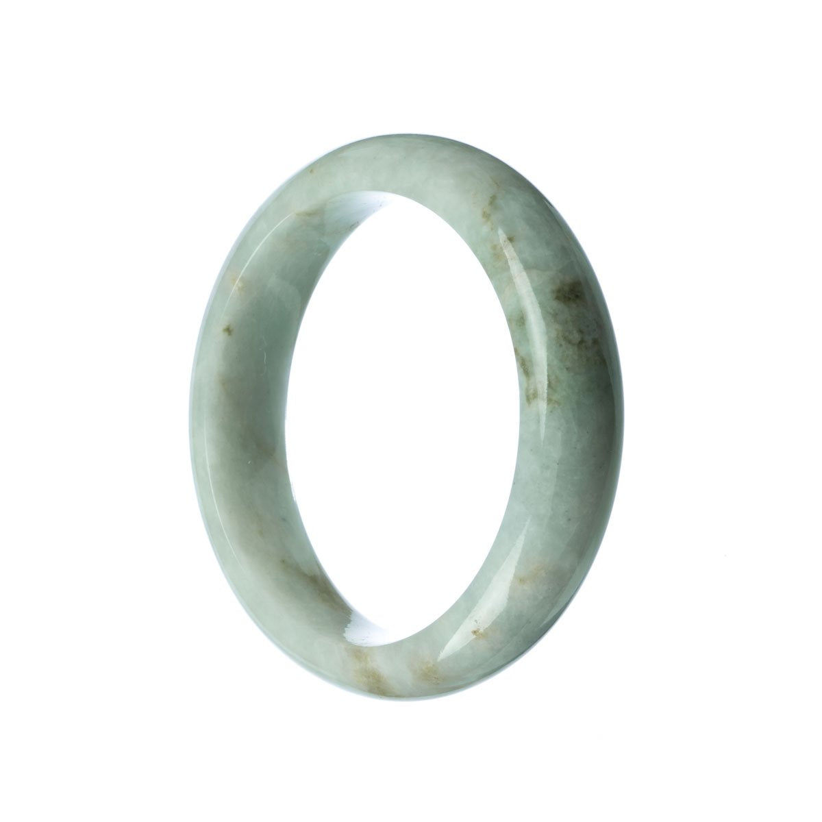 A close-up image of a round, white Burmese jade bangle bracelet with a smooth, polished surface. The bracelet is made from authentic, natural jade and measures 57mm in diameter. It is a stunning piece of jewelry offered by MAYS GEMS.