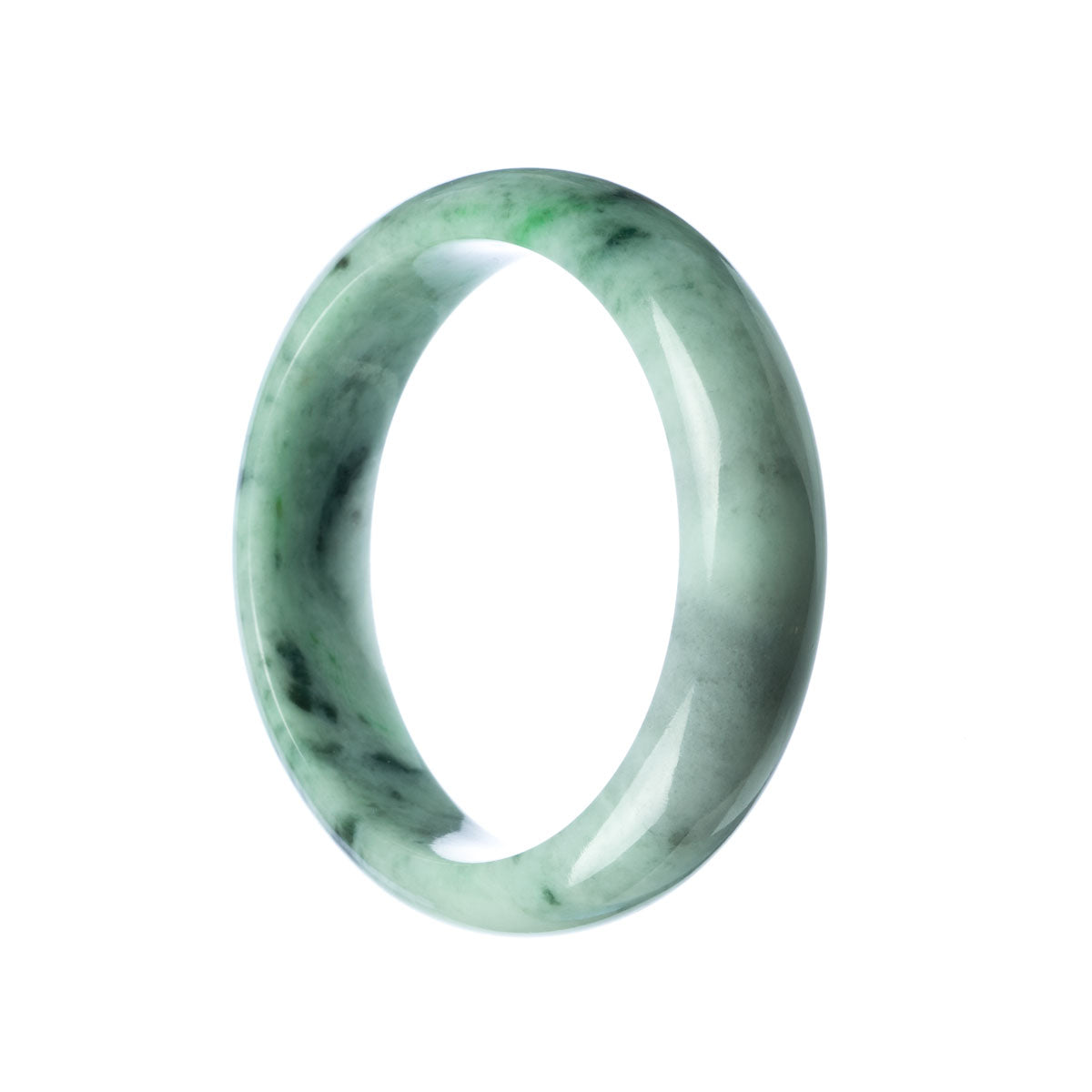 A close-up image of a genuine Type A Green Traditional Jade Bracelet. The bracelet has a half moon shape and measures 59mm in size. It is a product from MAYS GEMS.
