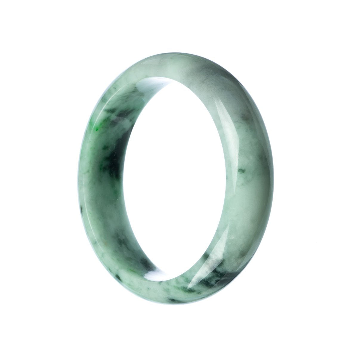 A close-up of a beautiful green Burma jade bracelet with a half moon shape, showcasing its genuine natural beauty. Perfect for adding a touch of elegance to any outfit.