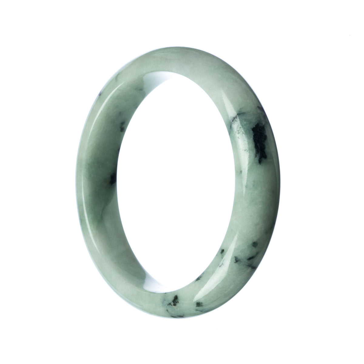 A half moon-shaped pale green jade bangle, certified as Type A, measuring 64mm in diameter. Manufactured by MAYS.