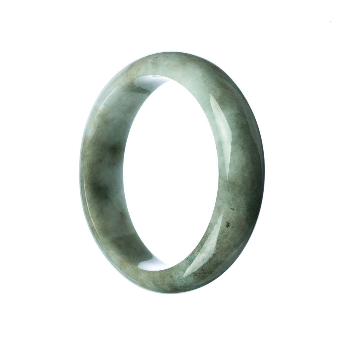 A close-up image of a green jade bangle bracelet with a half-moon shape. The bracelet is made from genuine Grade A jade and has a smooth and polished surface. It measures 59mm in diameter and is a traditional and timeless piece of jewelry.