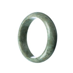 A close-up of a pale green jadeite bangle bracelet with a half-moon shape. The bracelet is made of genuine Type A jadeite and measures 59mm in diameter. It is a beautiful piece of jewelry designed by MAYS.
