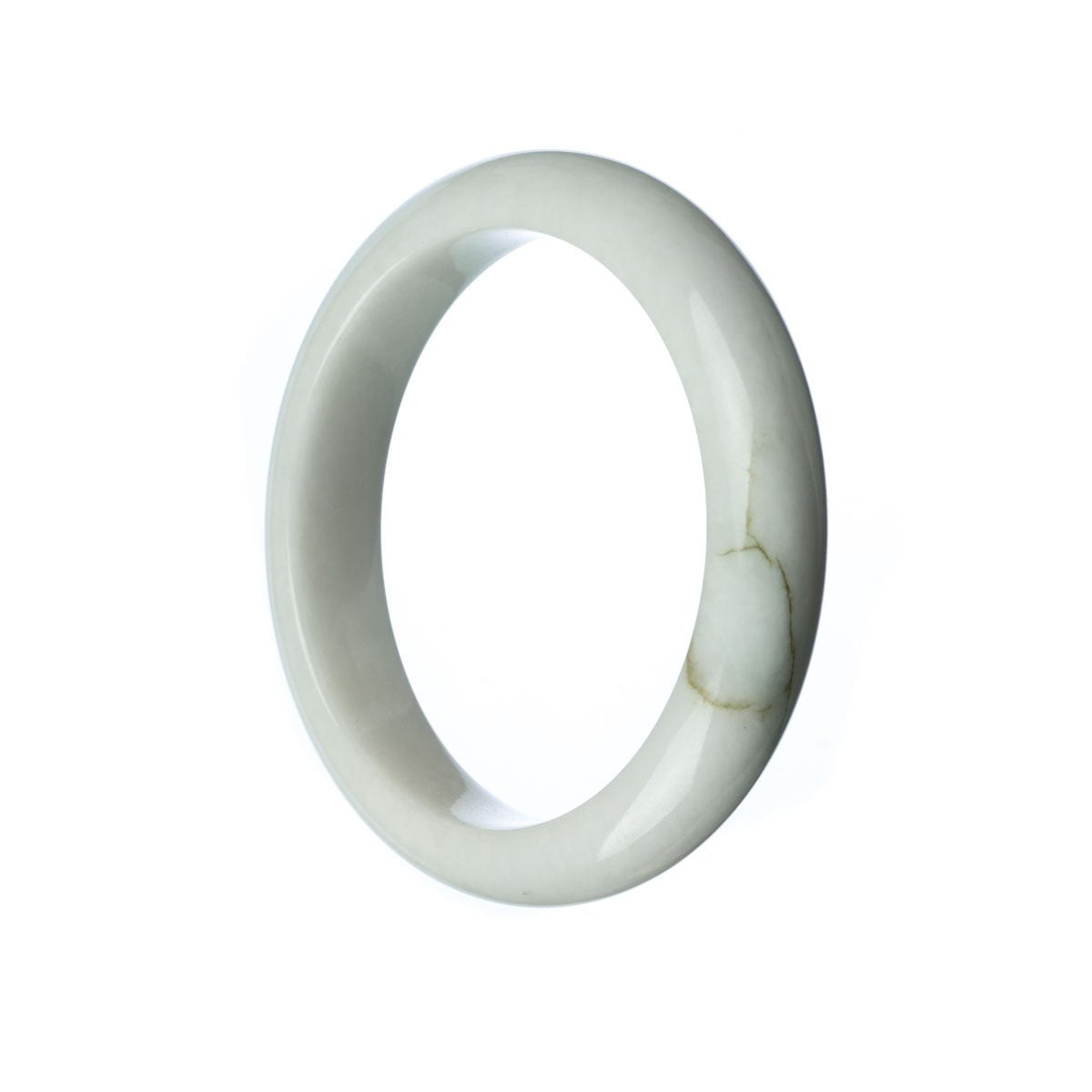 A beautiful white jade bangle bracelet with a half-moon design, measuring 58mm. Made from genuine untreated white jade.