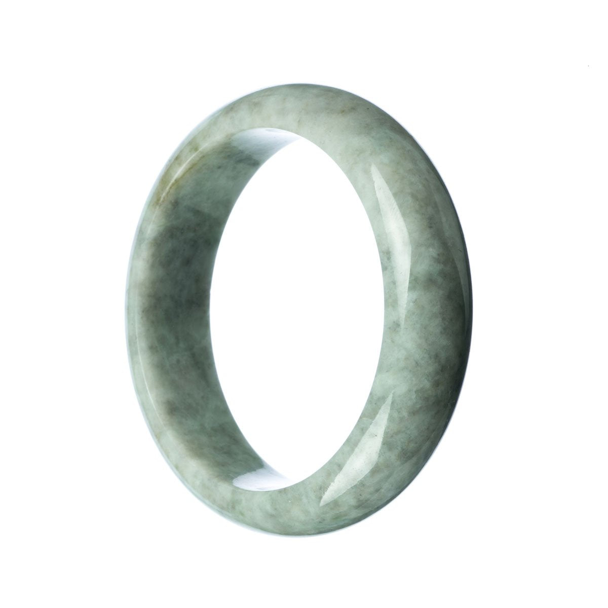 A half moon-shaped, 62mm bangle bracelet made of authentic natural grey Burma jade, available from MAYS GEMS.