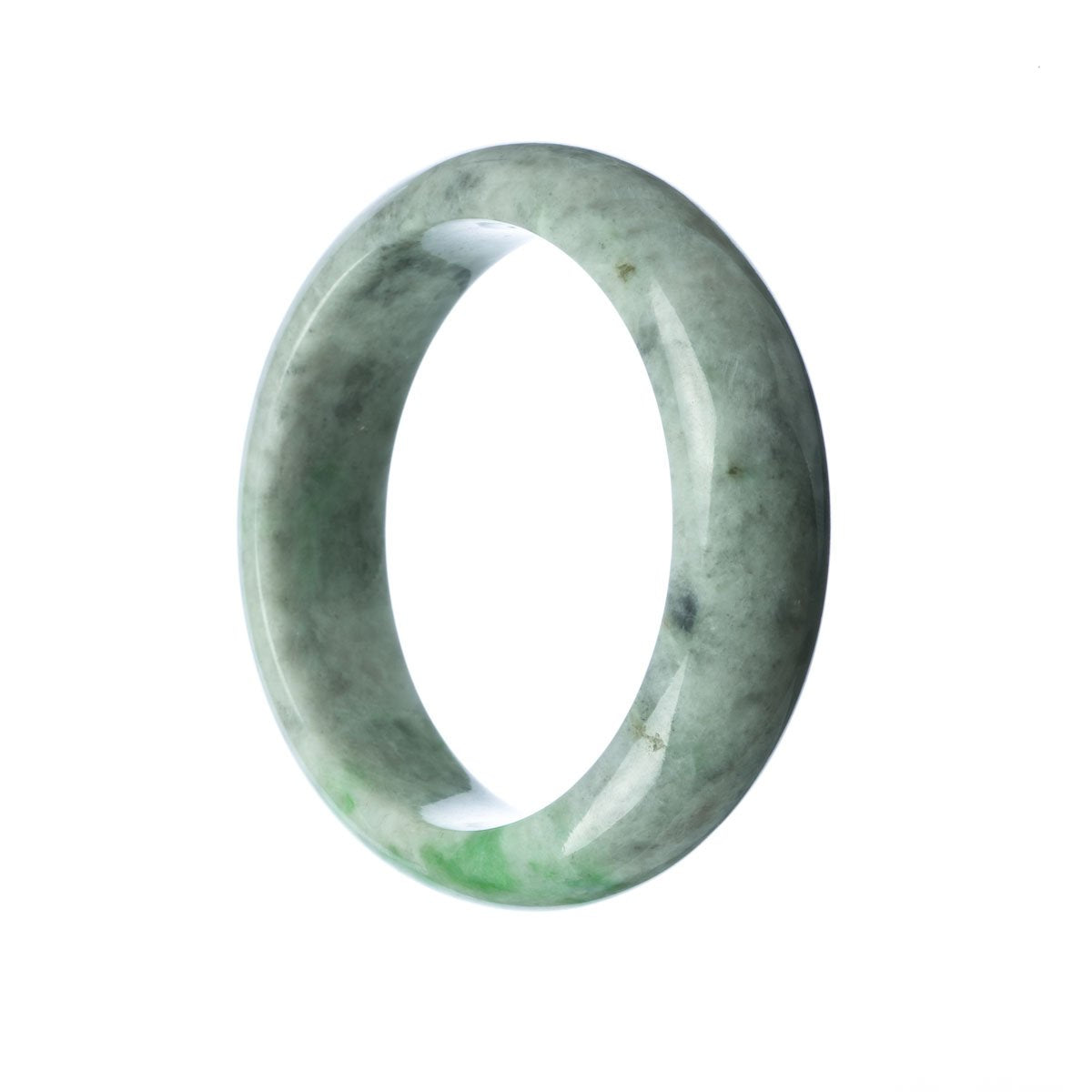 A half-moon shaped grey green jade bracelet with a traditional design, made from genuine Grade A jade. It measures 58mm in size and is sold by MAYS.