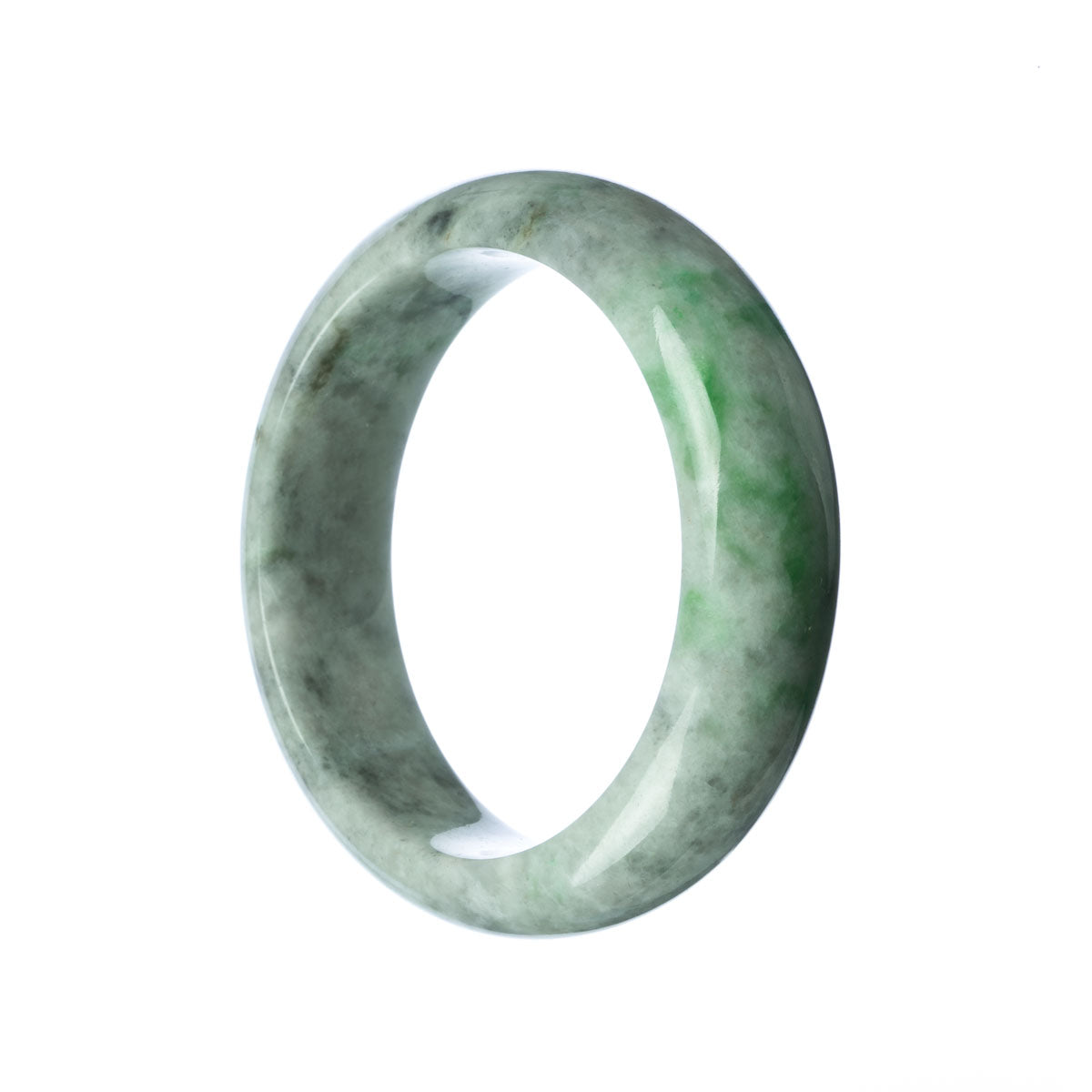 An authentic Grade A Grey Green Traditional Jade Bangle with a 58mm half-moon shape. This bangle, known as MAYS, showcases the beauty and elegance of traditional jade craftsmanship.