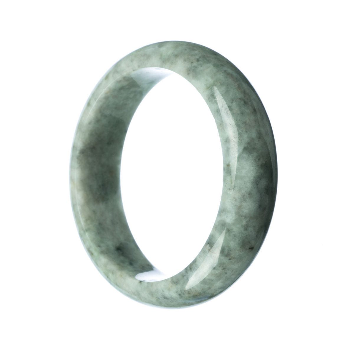 A close-up photo of a half-moon shaped bangle bracelet made of certified untreated grey green jade. The bracelet has a smooth and polished surface, showcasing the natural beauty of the jade. The size of the bracelet is 58mm, making it a perfect fit for most wrists. The bracelet is designed by MAYS, a renowned jewelry brand.