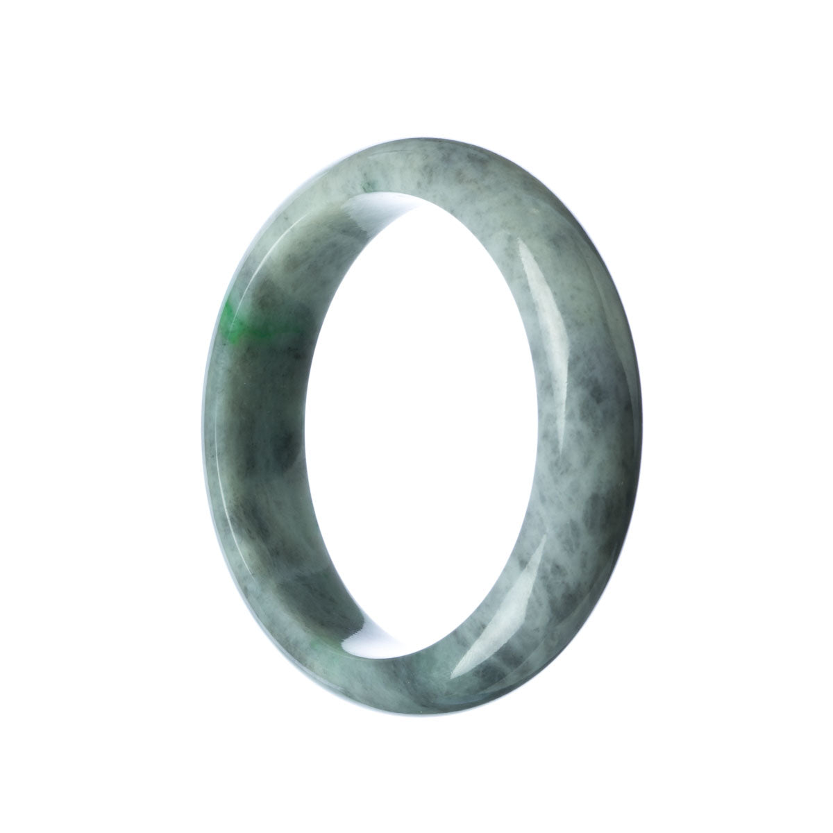 A close-up image of an authentic Grade A Grey Green Jade Bangle Bracelet. The bangle is in the shape of a half moon and measures 59mm in diameter. It is a beautiful piece of jewelry from MAYS GEMS.