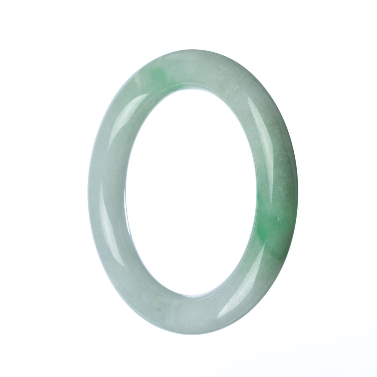 A round, genuine Grade A Green White Jade bangle bracelet with a diameter of 58mm. The bracelet is from the MAYS™ collection.
