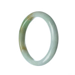 A close-up image of a beautiful, green and white jade bangle bracelet. The bracelet is made from genuine Grade A Burma jade and has a semi-round shape with a diameter of 61mm. It is a stunning piece of jewelry from MAYS GEMS.