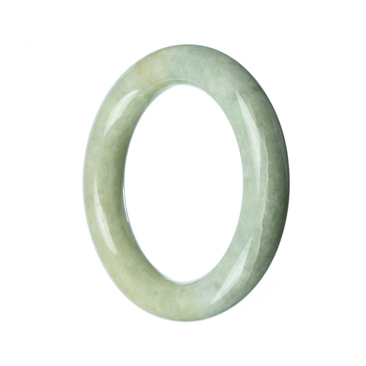 A round, pale green jade bangle bracelet with a traditional design, measuring 57mm in size.