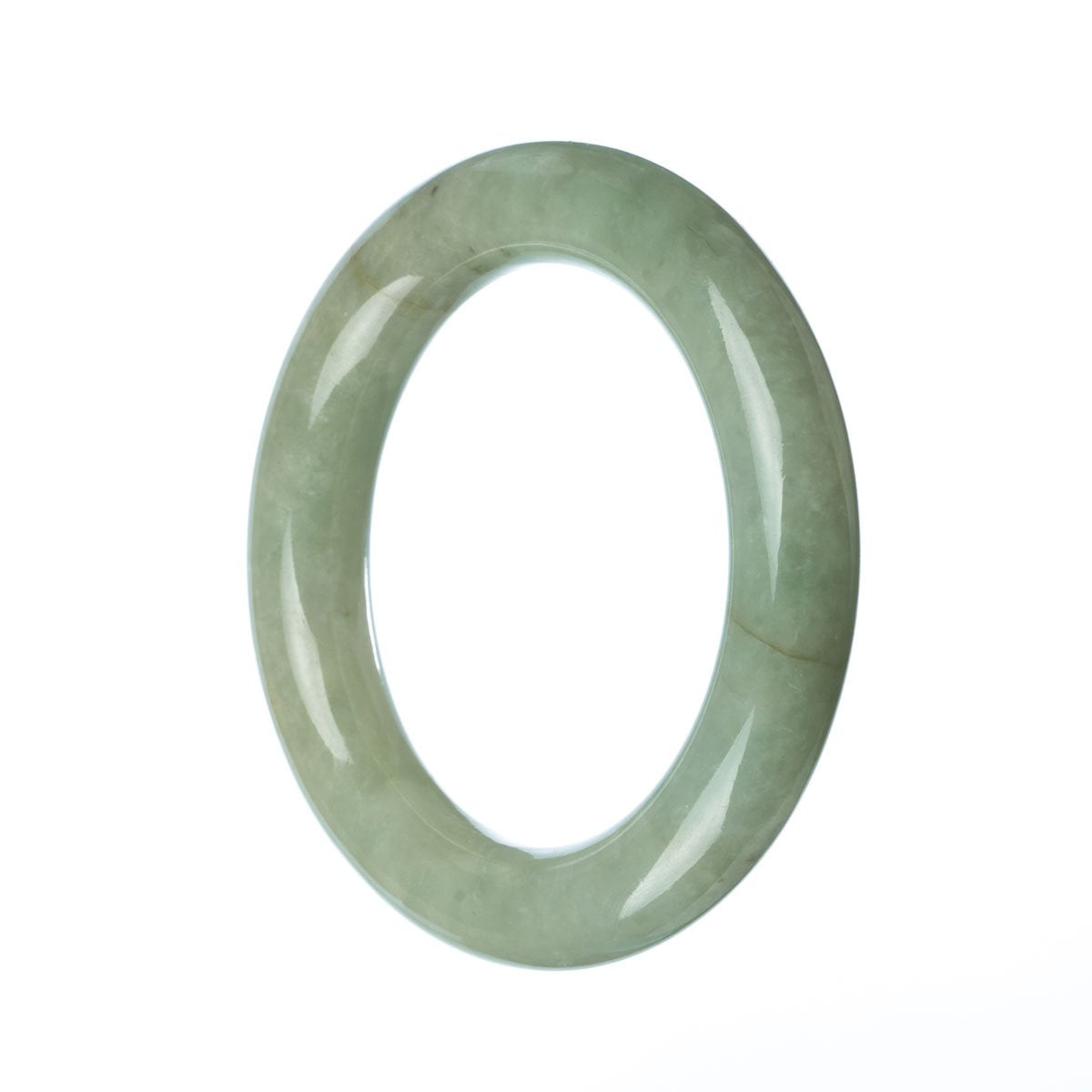 A round, genuine untreated green jadeite bangle bracelet, measuring 57mm in diameter.